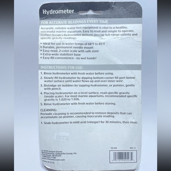 NEW-Instant Ocean Hydrometer Testing Aquarium Salt Level Specific Gravity TK-504 - Picture 2 of 2